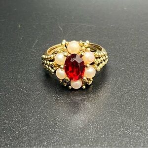 Vintage Avon Gold-Tone Ring – Faux Garnet Center & Faux Pearl Accents, Size 5